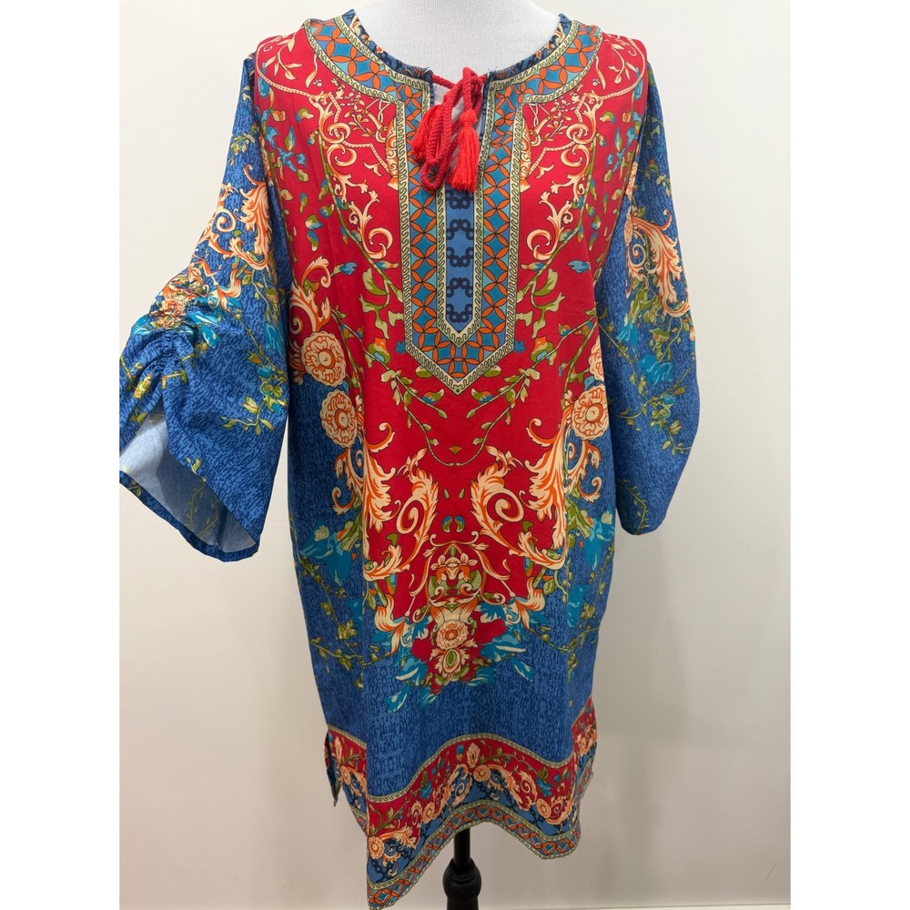 Urban CoCo Red Blue Boho Paisley Tassel Tunic Dress Medium Ruched 3/4 Sleeves